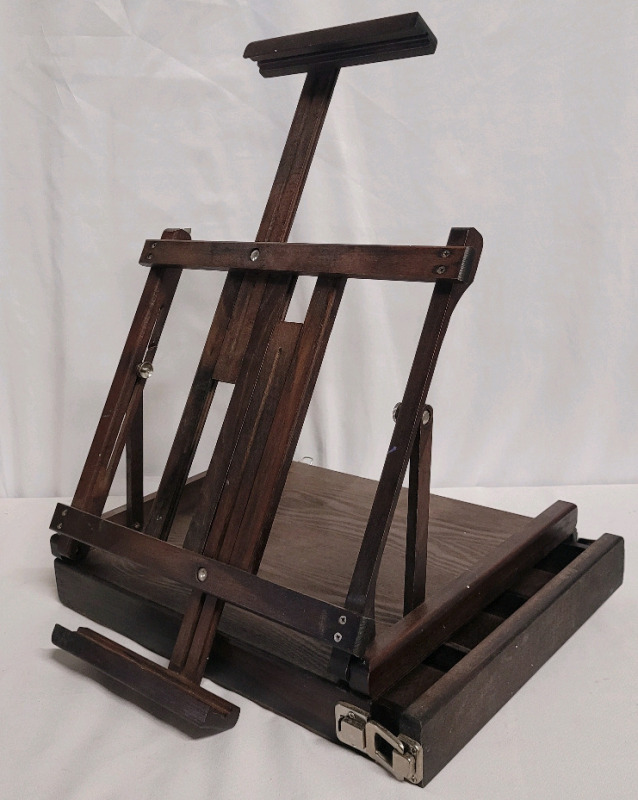 Wooden Tabletop Artist Travel Easel with Storage Drawer . Holds Upto a 34" tall Canvas . Easel measures 16.5"×14"4.5" when Packed-Up