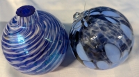 2 Decorative Art Glass Witch / Friendship Balls. Approximately 3 Inches Across. Hanger Present on Spotted Orb.