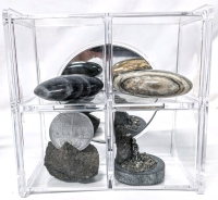 Small Display Case with Larger Polished Semiprecious Labradorite & Bumblebee Calcite Stones & Tiny Pewter Miner with Pyrite on Sample Core & Sudbury Ontario "The Big Nickle" Souvenir