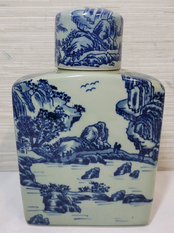 Vintage Chinese Ceramic Blue & White Square Jar , All Around Beautiful Painted Landscape . Measures 9 1/4" tall