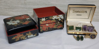 Three (3) Cuff Link Sets and Gettysburg Tie Clip & Asian Theme 3-Tier Jewelry Box