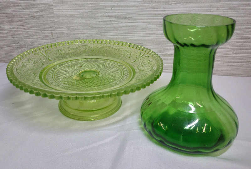 Green Glass 5.5" Vase & Glass Glass Serving Tray , measures 8 1/4" diameter