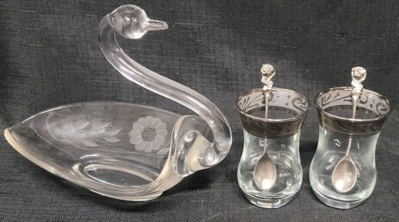 Clear Glass Etched Swan Candy Dish & Two (2) Glass Turkish Tea Glasses with Spoons