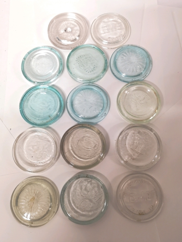 14 Glass Jar Tops/Lids - Blue & Clear Glass - 3" Diameter