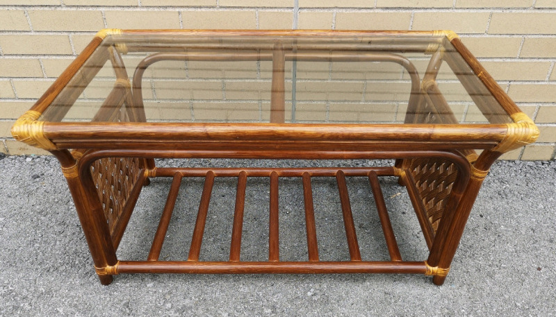 Rattan Glass Top Coffee Table - 35.5" L x 19.5" W x 18" H