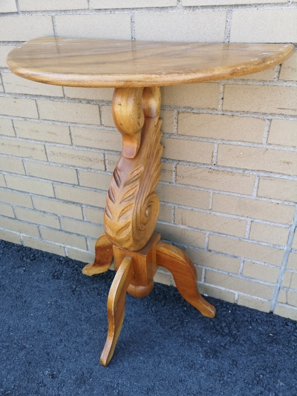 Vintage Wooden Half Moon Table - Duck Carving on Base