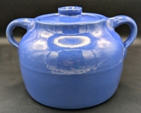 Vintage Heavy Blue Stoneware Bean Pot with Lid | Stamped "2" | 9.25" Wide x 5" Tall