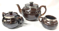 3 Piece Vintage Mid Century Modern Deposart Silver Overlay Brown Betty Tea Set : Teapot, Creamer & Lidded Sugar Dish | Up to 5" Tall