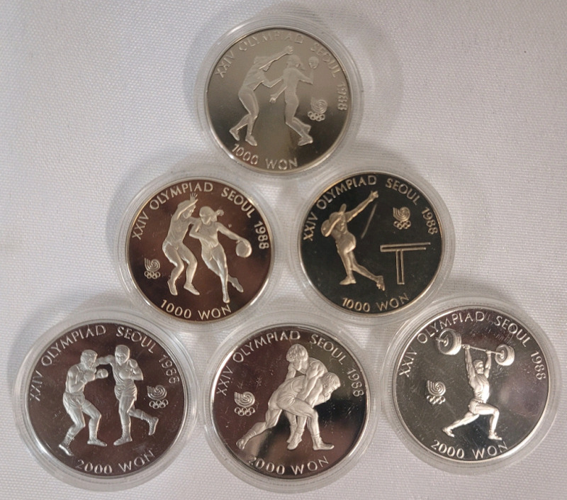 1986 - 1988 Bank of Korea 1988 Summer Olympics Uncirculated Coins . Three 1000 WON Coins & Three 2000 WON Coins