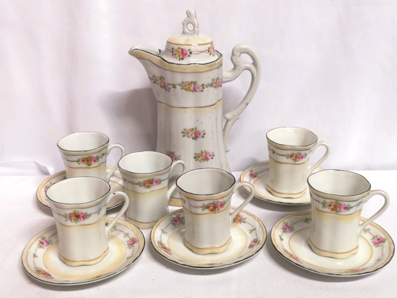 Vintage Chocolate Pot with Cups & Saucers - Floral Pattern Made in Japan