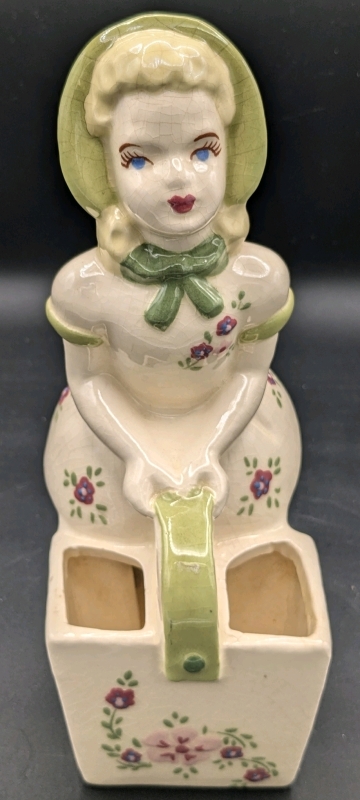 Vintage Ceramic Girl with Basket Planter | 9" Tall