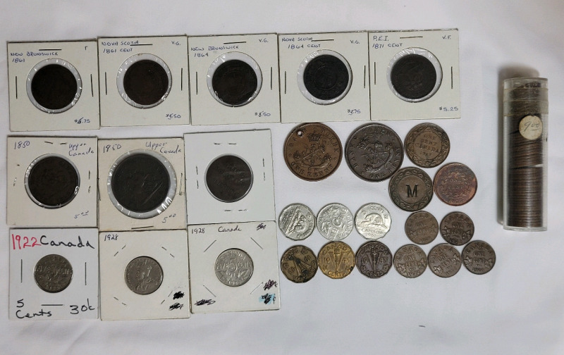 1861 - 1961 Canadian Coin Lot . 1961 Penny Roll , 1861 - 1871 East Coast Pennies , 1850 Upper Canada Coins , 1922 - 1943 Nickels