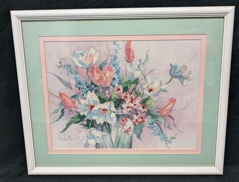 Pretty in Pastels: Vintage Framed & Matted Cross-Stitch "Floral Spring Profusion" | 21.75" x 17.75"