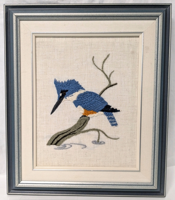 Vintage Framed Stitch Art Picture of a Kingfisher | Presumed Yarn on Linen | 17.25" x 20.5"