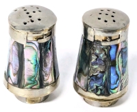 Dainty Vintage Salt & Pepper Shakers with Gorgeous & Colorful Abalone Mother of Pearl Inlay | 1.75" Tall ea