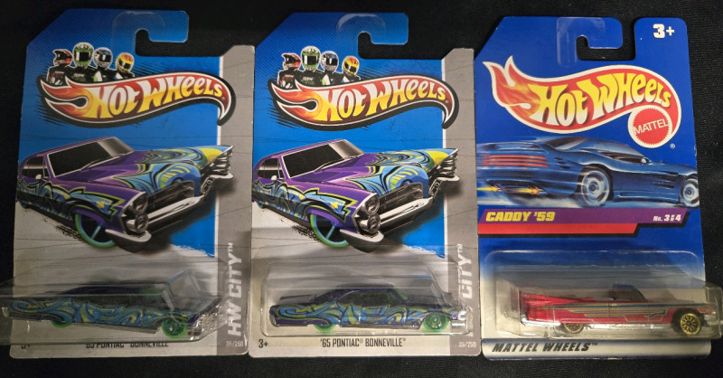 Vintage to Modern Sealed Mattel Hot Wheels | Includes; 2x '65 Pontiac Bonneville & 1 Vintage '59 Caddy