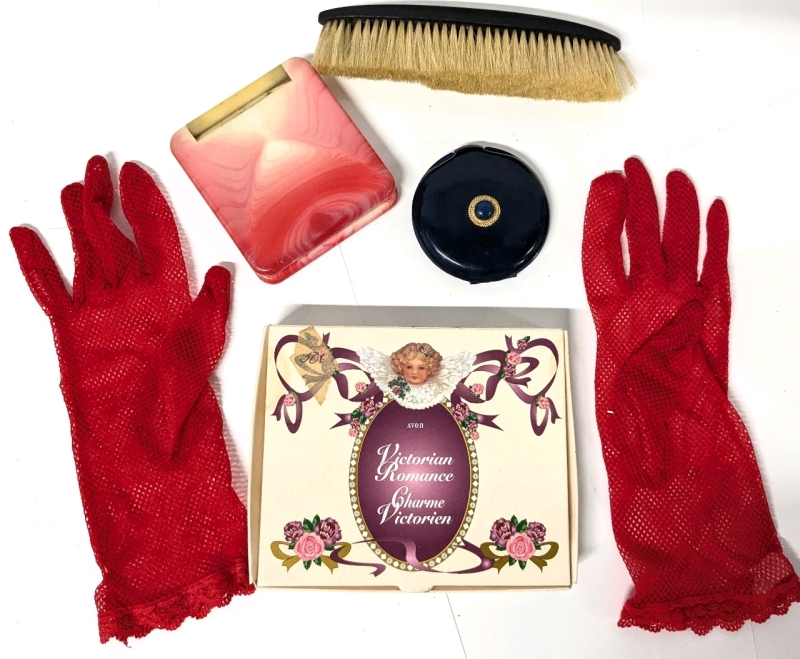 Vintage Ladies Lot: Red Lace Gloves (Small), Estee Lauder Sunny Beige Compact, 6.5" Long Real Ebony Brush & Partial Avon Victorian Romance Soaps