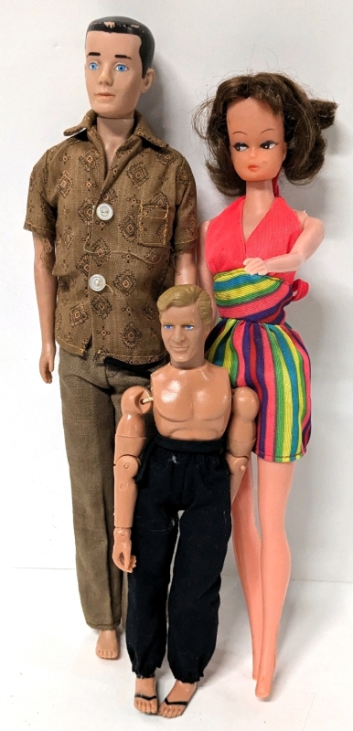 3 Vintage Dolls: 1960s Ken Doll with Homemade Outfit, Hong Kong Skipper Clone & 1986 Talbot Ninja 8” Figure Classic Original Mego KO Action Jackson