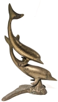 Large Vintage Hollow Brass Dolphin & Calf Sculpture | 15.5" Tall