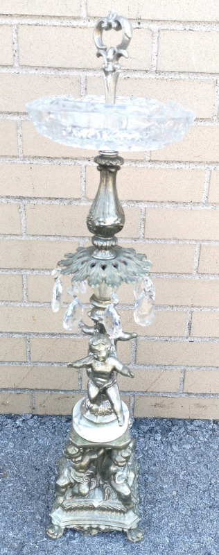 Vintage Pedestal Ashtray with Glass Ashtray and Metal Cherub Base