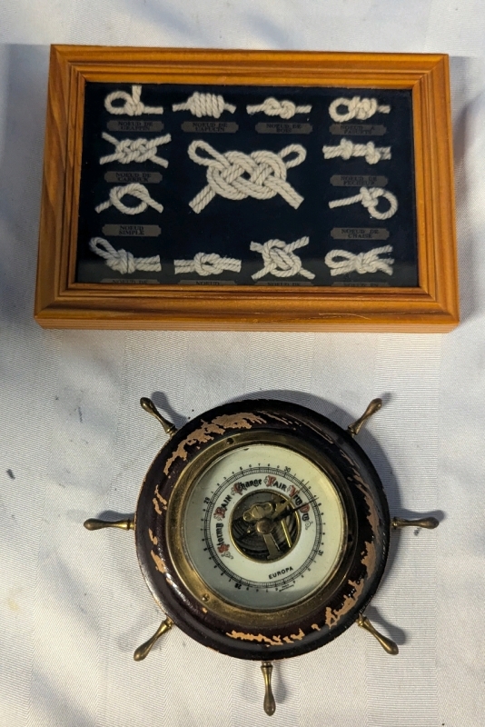 Nautical Themed Decor. Knot Display, and Shipwheel Barometer.