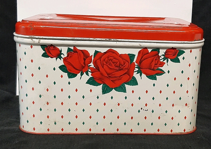 Vintage Red Rose Metal Bread Box - 1ft 1" X 9"