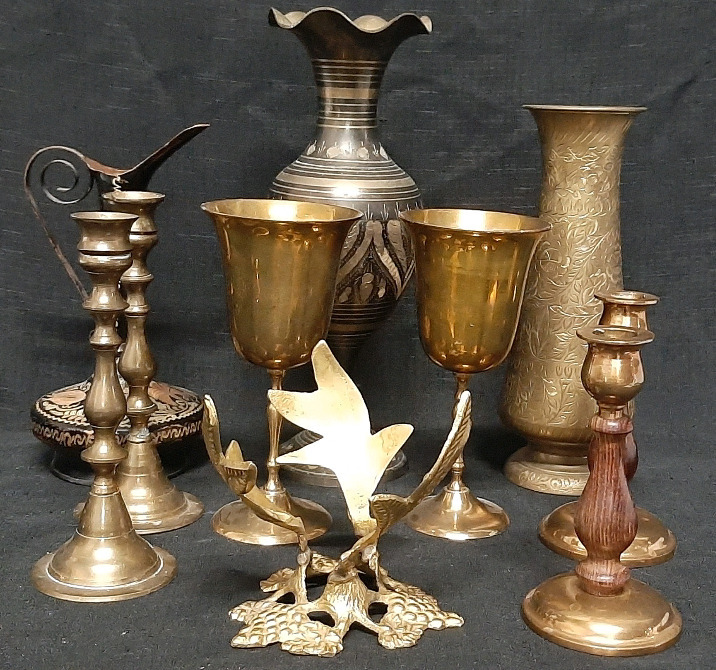 Vintage Assortment of Brass and Wood Home Decor