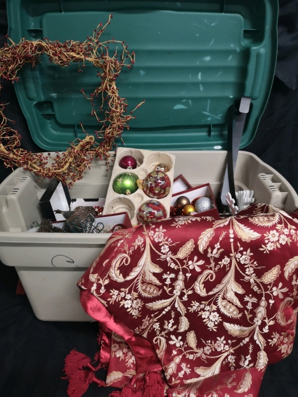 Large Christmas Lot + Storage Tote - Ornaments, Lights Working ++