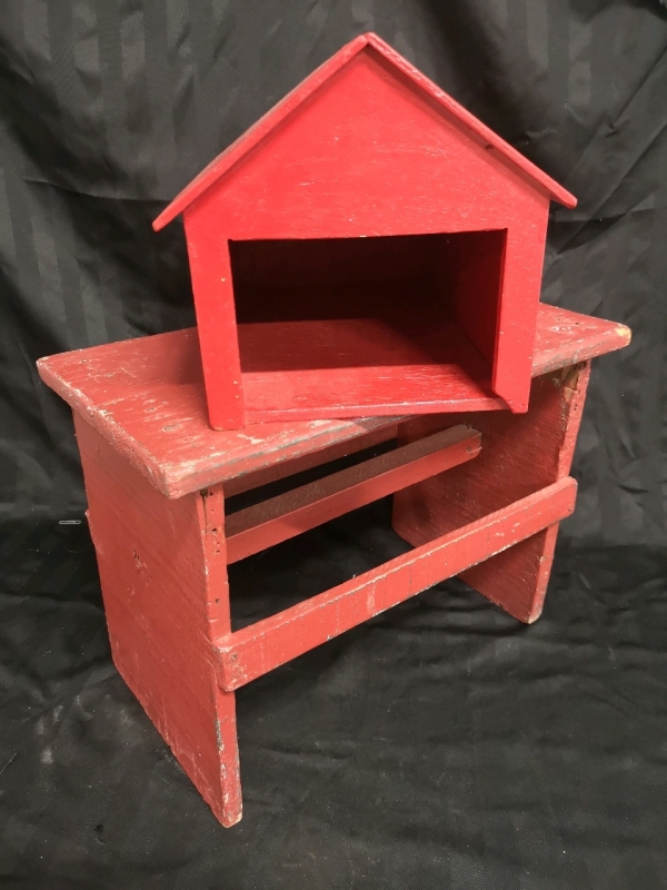 Vintage Foot Stool & Red Wooden Barn