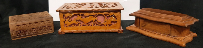 Vintage Carved Wooden Jewellery Box + 2 Small Wooden Boxes