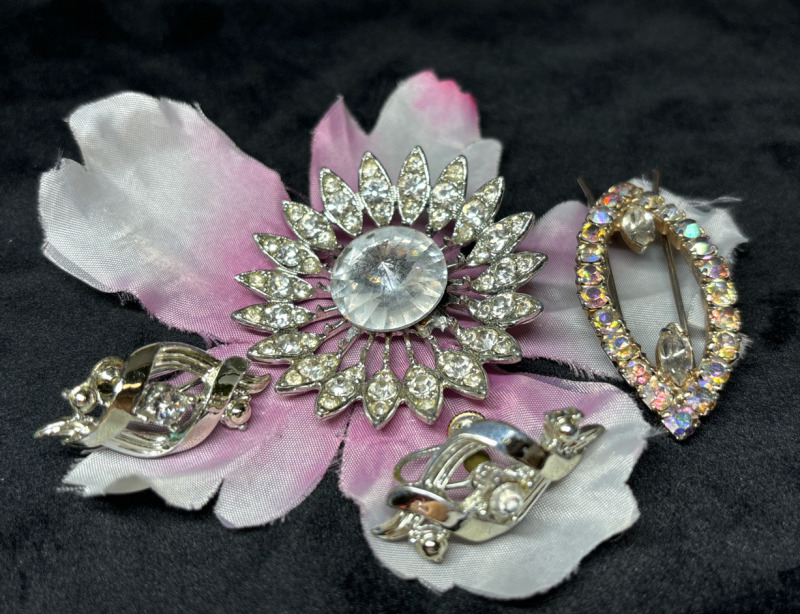 Vintage Signed Foiled Rhinestone Flower Burst Brooch AB Hair Pin CORO Earrings