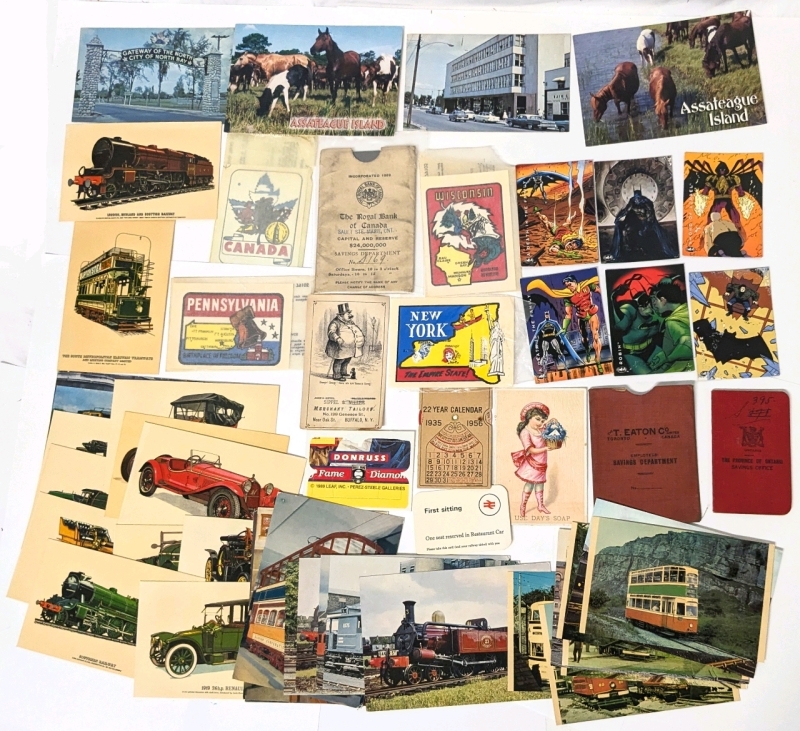 Vintage Souvenir Window Transfers, Collectable Batman Cards, Temporary Tattoo, Reproduction Car / Train Postcards, 22-Year Pocket Calendar (1935-1956)