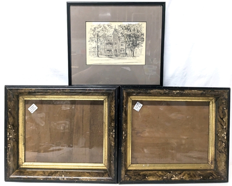 Framed Vintage Architectural Lithograph by Betty McArthur & 2 Vintage Chunky Frames with Carved Details