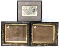 Framed Vintage Architectural Lithograph by Betty McArthur & 2 Vintage Chunky Frames with Carved Details