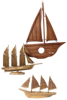 Vintage Wooden Sailboats (1 with Birch Bark Sails from Atelier Paré) & Sailboat-Shaped Wood Wall Art with Hole in Bottom (Possibly for a Clock)