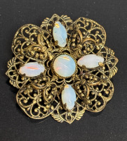 Vintage Filigree Repousse Glass Moonstone Brooch