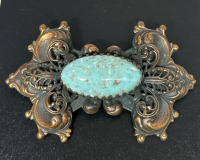 Vintage Fabulous Copper Glass Turquoise Sash Large Brooch