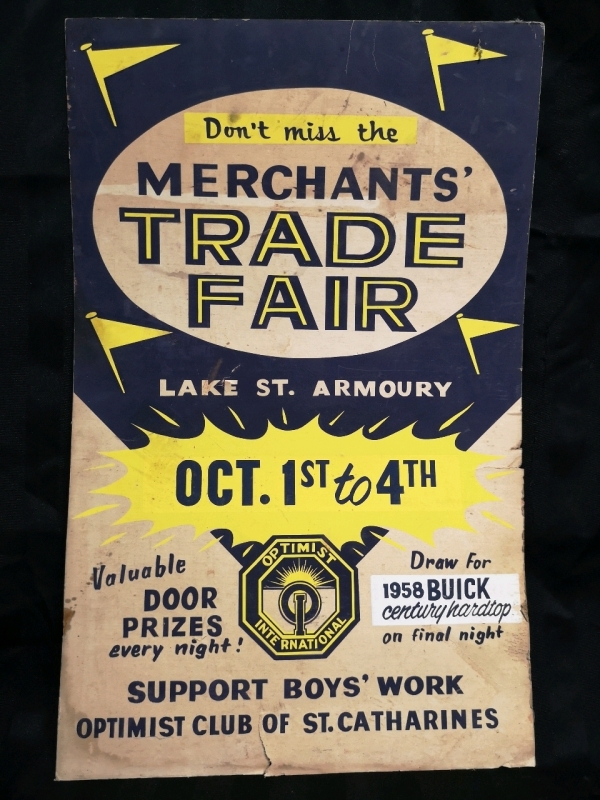 Vintage Merchant's Trade Fair Sign - Optimist Club of St Catharines 14" W & 21.5" H