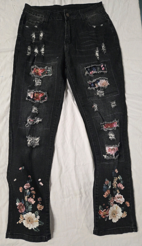 New Size Medium | Womens Ripped Jeans With Flower Design