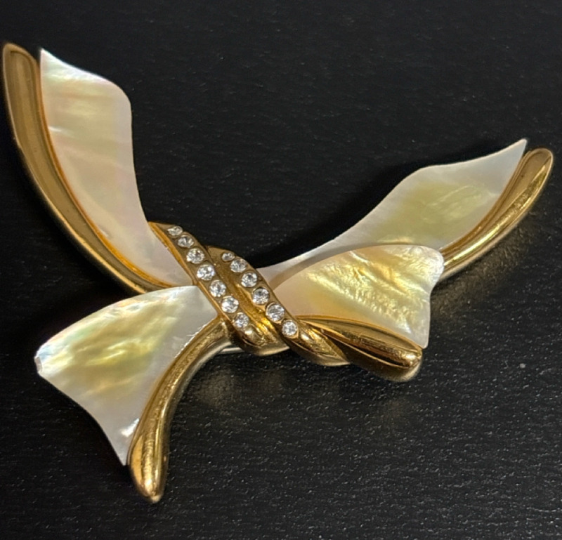 Vintage Mother Of Pearl Rhinestone Signed Bow Brooch