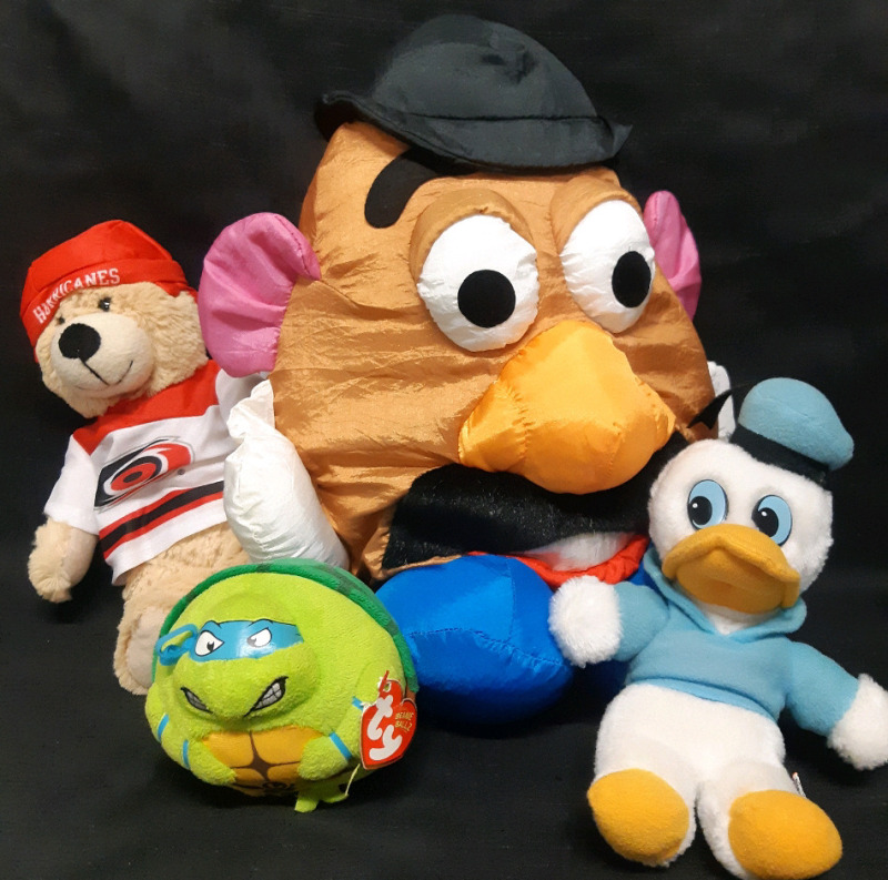 Vintage To Modern Stuffed Animals | Lot Includes Donald Duck Made In Korea, Mr.Potato Head, NHL Hurricanes Teddy Bear & TY Beanie Ballz TMNT Leonardo | Size Ranging From 4" - 17"