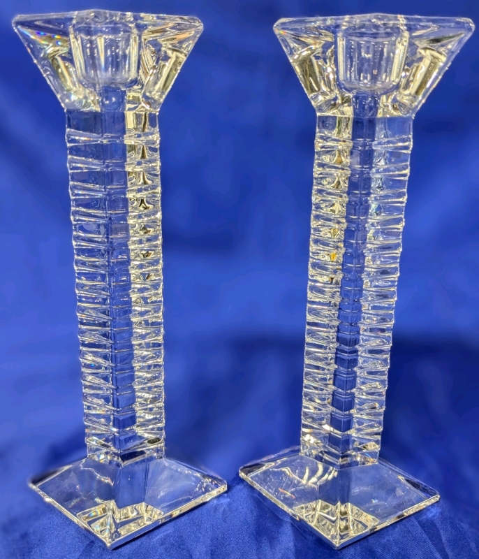 Pair of Vintage Geometric Crystal Candle Holders | 8" Tall ea