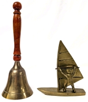 Vintage Brass Windsurfer Figure & Brass Bell with Wooden Handle | 4.5" - 8" Tall