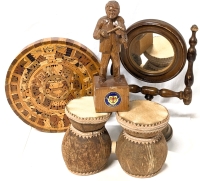 Vintage Works of Wood (and Coconut) : Mayan Calendar, Vanity Mirror, Swatty Wotherspoon Bonspiel Carved Figural Award & Coconut Bongos