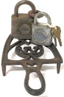 Vintage Raised Cast Iron Iron-Shaped Trivet & 2 Vintage YALE Padlocks (Only One Lock has Keys)