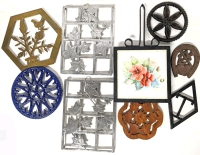 Tons o' Trivets: 9 Vintage Trivets including Cast Iron, "Star Wheel", Copco, Brass, Enamel, Wood & Ceramic | From 3.6" x 4.5 to 7.15" x 12.75"