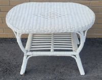 White Wicker Table . Measures 30"×19.5" & 19.5" tall .