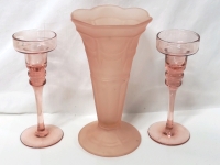 Vintage Pink Glass Vase & Candle Holders