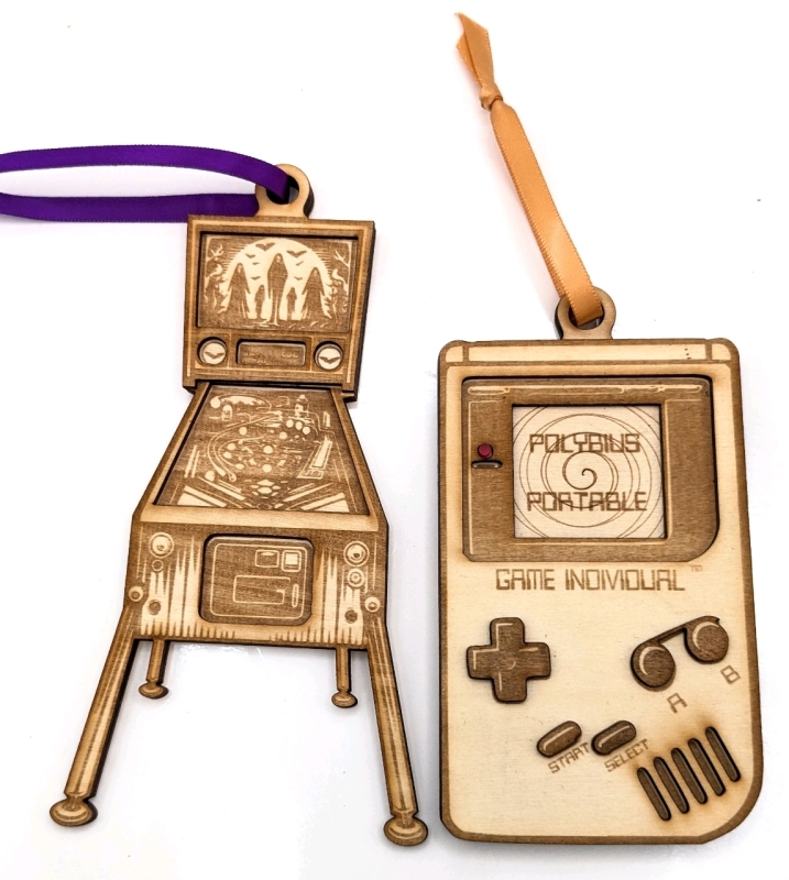 2 New Atomic Delirium Laser Cut Pinball Machine & GameBoy Style Polybius Portable Wood Ornaments | 4.8" - 6.25" Tall