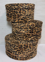 Leopard Print Circular Storage Boxes / Hat Boxes . Measures 6.5"&times;13" , 6"&times;12" & 5 3/4"&times;11"